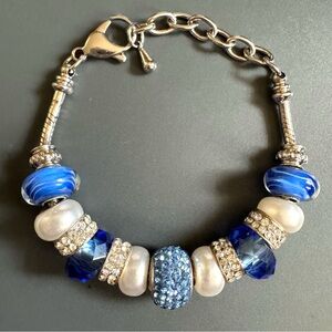 Bella Perlina Blue Crystal Charm Bracelet Silver Tone Adjustable Coastal Sparkle